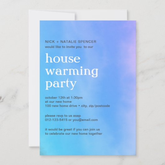 ピンクと青の水の色の家の暖かいパーティーInvite 招待状 (正面)