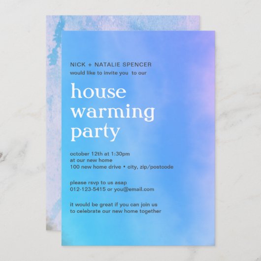 ピンクと青の水の色の家の暖かいパーティーInvite 招待状 (正面/裏面)