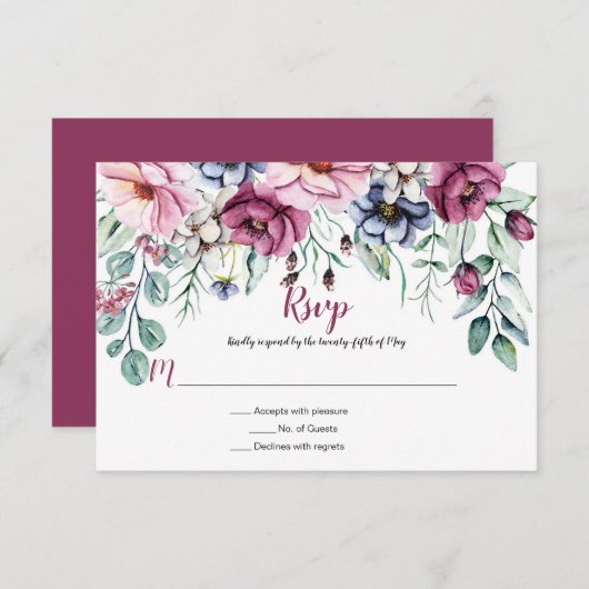 ピンクと青の水彩花卉 出欠カード (正面/裏面)