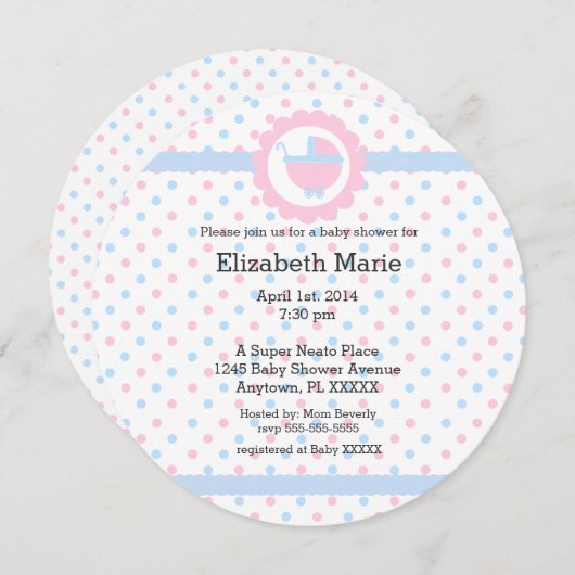 ピンクと青の水玉模様-ベビーシャワー-ラウンド 招待状 (正面/裏面)