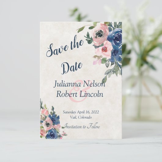 ピンクと青の水色のフローラは、日付inviを保存 招待状 (スタンド正面)