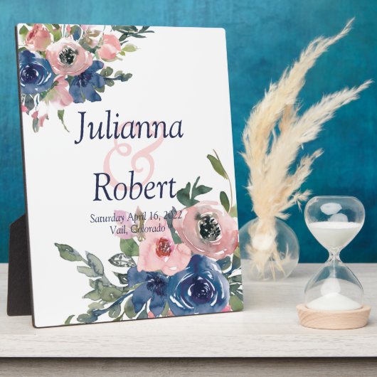 ピンクと青の水色のフローラ結婚の歯垢 フォトプラーク (側面)