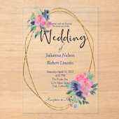 ピンクと青の水色のフローラ結婚の アクリル招待状 (正面)