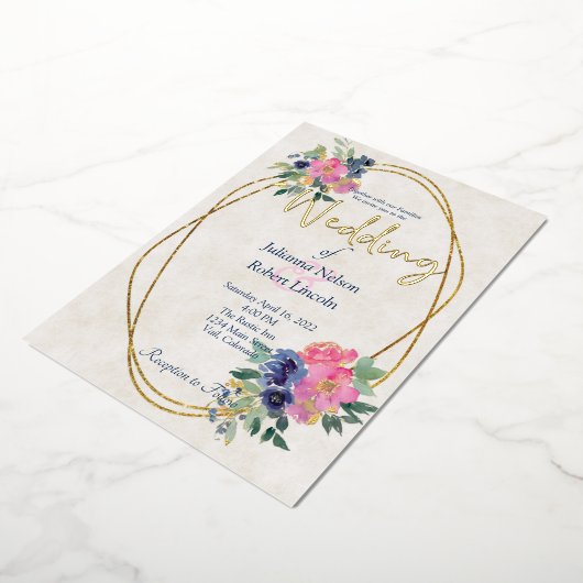 ピンクと青の水色のフローラ結婚の 箔招待状 (回転した状態)