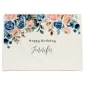 ピンクと青の水色の花の誕生日 ラージペーパーバッグ (正面)