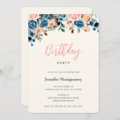 ピンクと青の水色の花の誕生日 招待状 (正面/裏面)