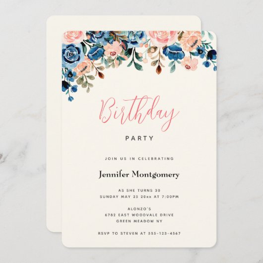 ピンクと青の水色の花の誕生日 招待状 (正面/裏面)
