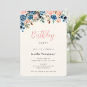 ピンクと青の水色の花の誕生日 招待状 (スタンド正面)