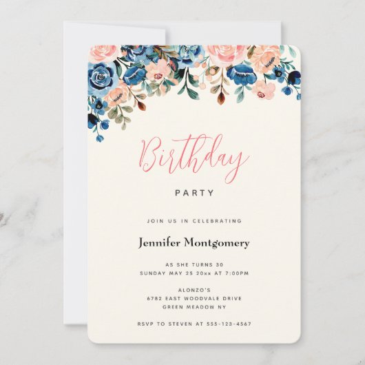 ピンクと青の水色の花の誕生日 招待状 (正面)