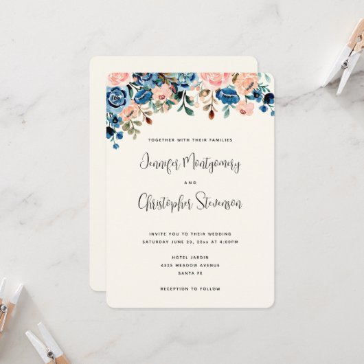 ピンクと青の水色の花結婚の色 招待状 (正面/裏面インサイチュ)