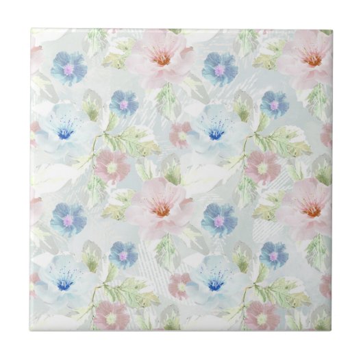 ピンクと青の水色の花。 タイル (正面)