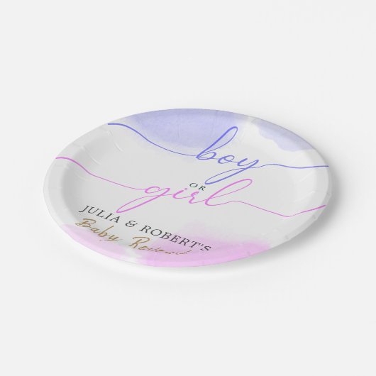 ピンクと青の水色の金ゴールドスクリプト性別の表示 ペーパープレート (アングル)