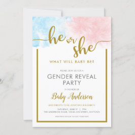 ピンクと青の水色の金ゴールドスクリプト性別の表示 招待状