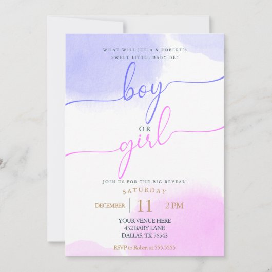 ピンクと青の水色の金ゴールドスクリプト性別の表示 招待状 (正面)