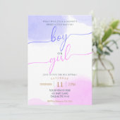 ピンクと青の水色の金ゴールドスクリプト性別の表示 招待状 (スタンド正面)