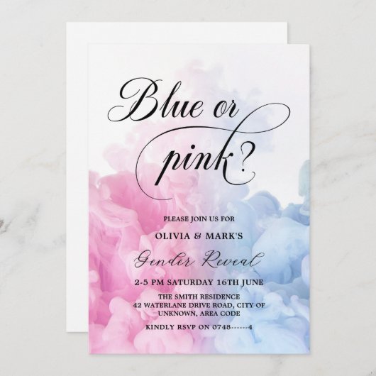 ピンクと青の煙のジェンダーの明け 招待状 (正面/裏面)