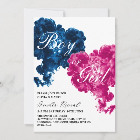 ピンクと青の煙のハートベビー性別の表示 招待状 (正面)