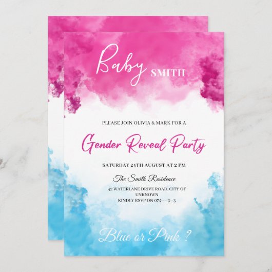 ピンクと青の煙のベビー性リビール 招待状 (正面/裏面)