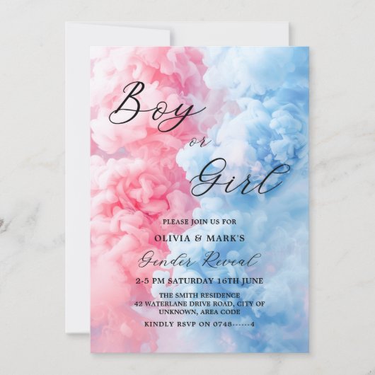 ピンクと青の煙の男の子または女の子のジェンダーが明らかにする 招待状 (正面)