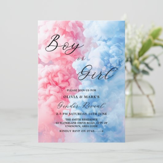 ピンクと青の煙の男の子または女の子のジェンダーが明らかにする 招待状 (スタンド正面)