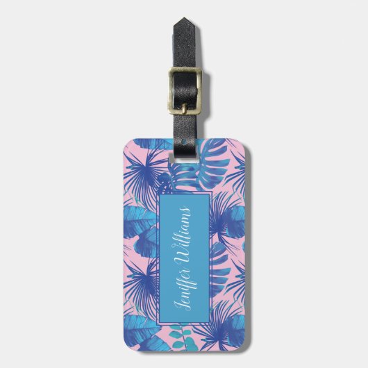 ピンクと青の熱帯地方のパーソナライズされた葉 ラゲッジタグ (正面縦)