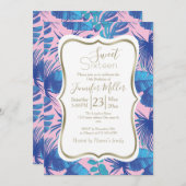 ピンクと青の熱帯地方のパーソナライズされた葉 招待状 (正面/裏面)
