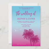 ピンクと青の熱帯性のヤシの結婚木 招待状 (正面)