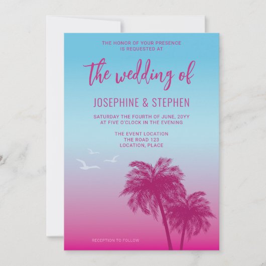 ピンクと青の熱帯性のヤシの結婚木 招待状 (正面)