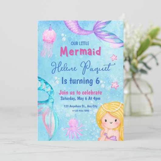 ピンクと青の甘い水の色マーメイド誕生日 招待状 (スタンド正面)