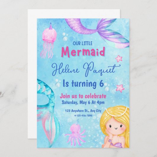 ピンクと青の甘い水の色マーメイド誕生日 招待状 (正面/裏面)