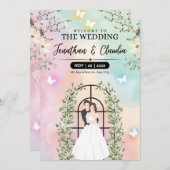 ピンクと青の美しい結婚水色 招待状 (正面/裏面)