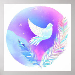 ピンクと青の羽を持つ白い鳩 ポスター