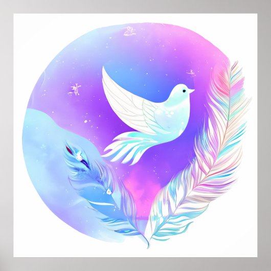 ピンクと青の羽を持つ白い鳩 ポスター (正面)