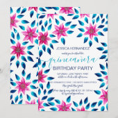 ピンクと青の花と葉のアクリル絵の具のキンセアニエラ 招待状 (正面/裏面)