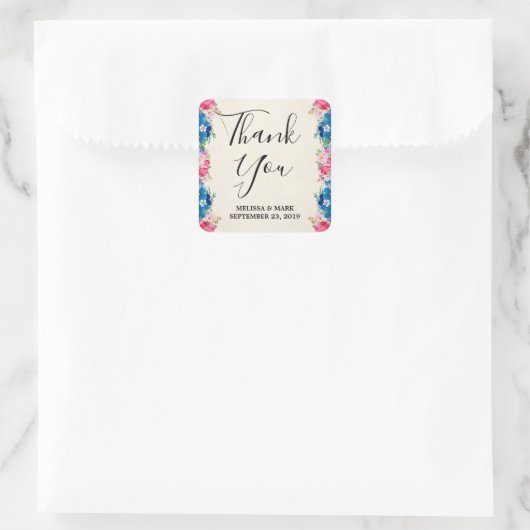 ピンクと青の花の枠ファンシーが結婚ありがとう スクエアシール (バッグ)