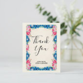 ピンクと青の花の枠ファンシーが結婚ありがとう ポストカード (スタンド正面)