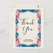 ピンクと青の花の枠ファンシーが結婚ありがとう ポストカード (正面/裏面)
