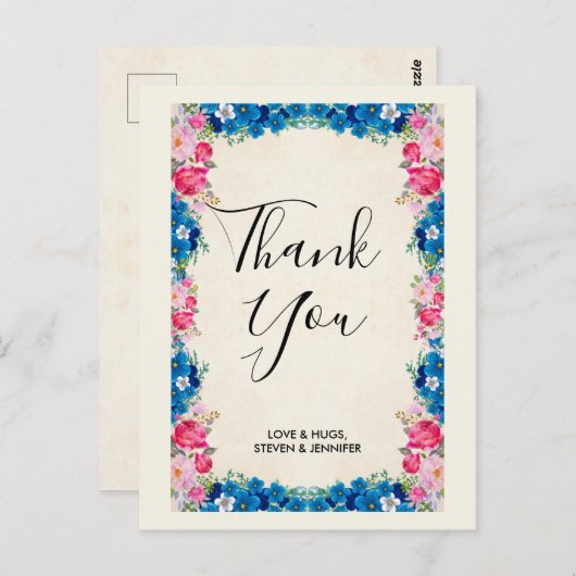 ピンクと青の花の枠ファンシーが結婚ありがとう ポストカード (正面/裏面)