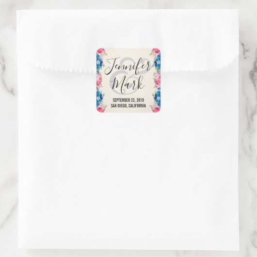 ピンクと青の花の枠ファンシーの結婚数 スクエアシール (バッグ)