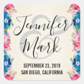ピンクと青の花の枠ファンシーの結婚数 スクエアシール (正面)