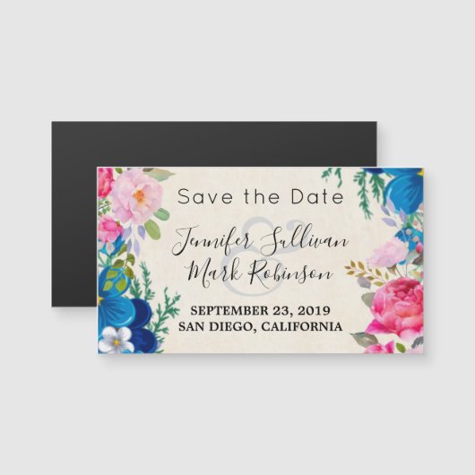 ピンクと青の花の枠ファンシー日付の保存 (正面/裏面)