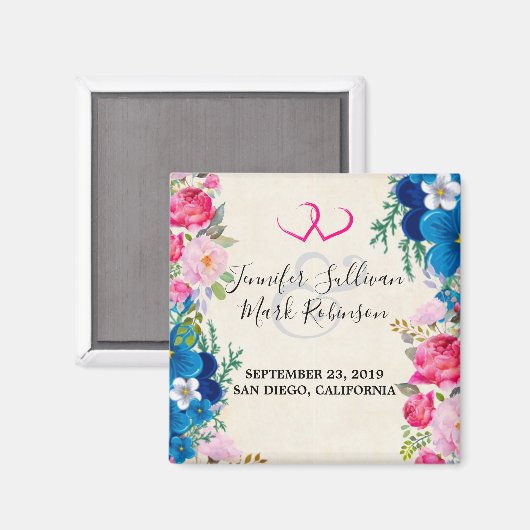 ピンクと青の花の枠ファンシー日付の保存 マグネット (正面/裏面)