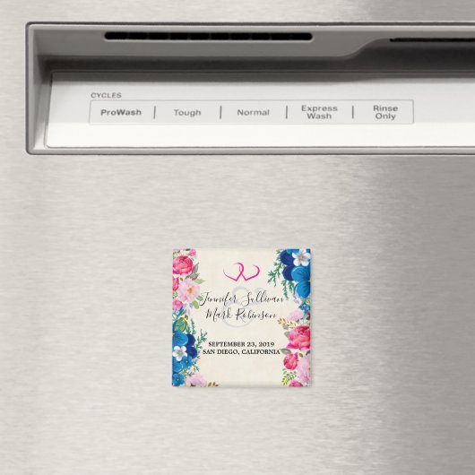 ピンクと青の花の枠ファンシー日付の保存 マグネット (インサイチュ (食洗機))