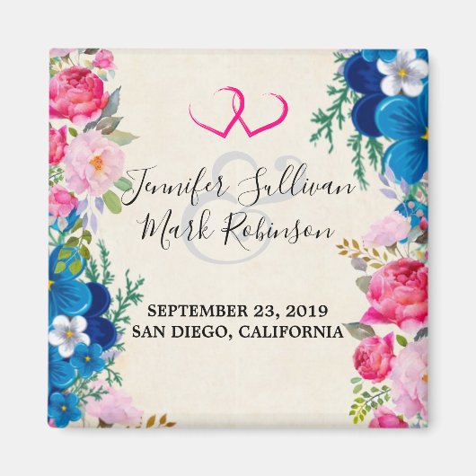 ピンクと青の花の枠ファンシー日付の保存 マグネット (正面)