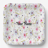 ピンクと青の花の模様 ペーパープレート (正面)