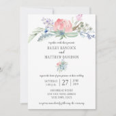 ピンクと青の花の緑の結婚式招待状 招待状 (正面)