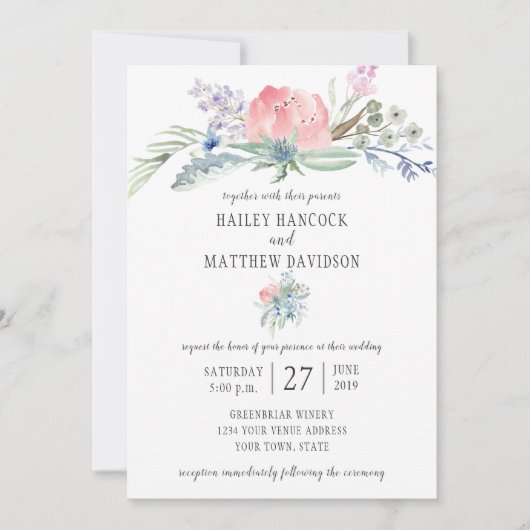 ピンクと青の花の緑の結婚式招待状 招待状 (正面)