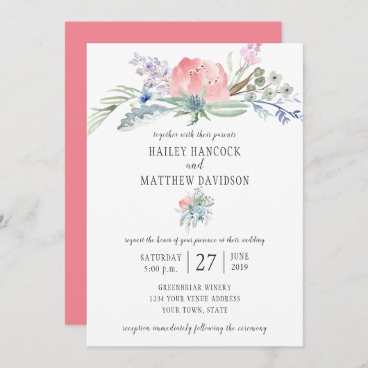 ピンクと青の花の緑の結婚式招待状 招待状 (正面/裏面)