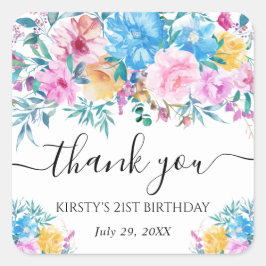 ピンクと青の花の誕生日 スクエアシール