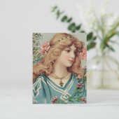 ピンクと青の花を髪に飾ったビクトリア時代の貴婦人 ポストカード (スタンド正面)